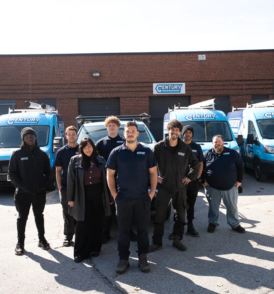Century Garage Door technicians in front of the service fleet